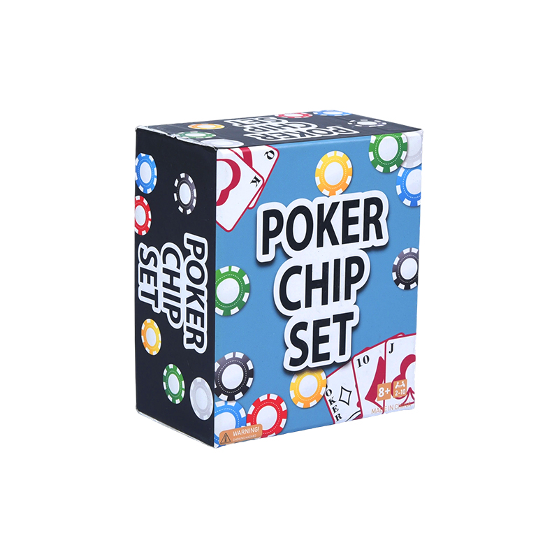 Komplet med farvede jetoner, spillekort og terningpokerchipsæt