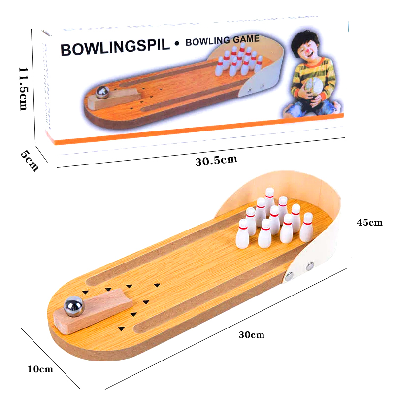 Kompakt træsæt med stålkugle og stifter Mini desktop bowlingspil