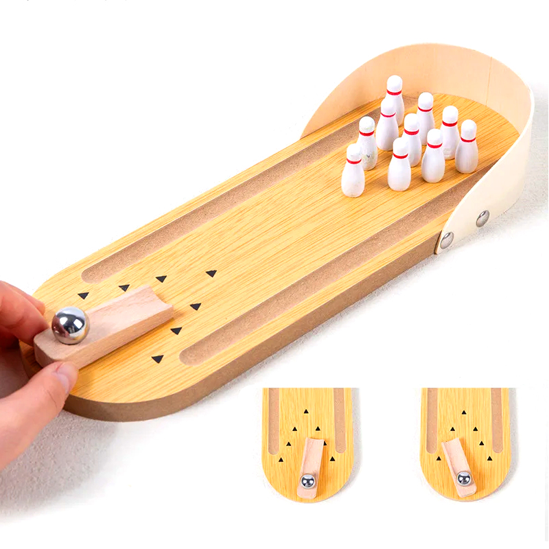 Kompakt træsæt med stålkugle og stifter Mini desktop bowlingspil